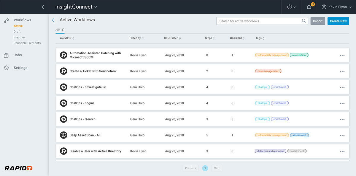 Rapid7's SOAR solution, InsightConnect, allows you to build automated workflows to help speed up incident response processes.