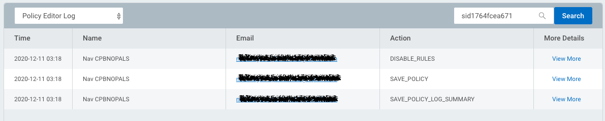 Viewing a list of policy editor log events in Rapid7 InsightVM