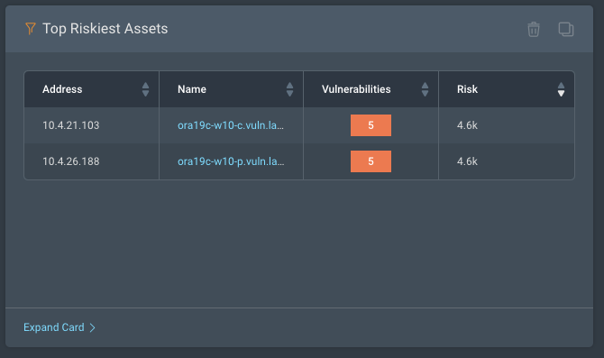Top riskiest assets dashboard card in Rapid7 InsightVM