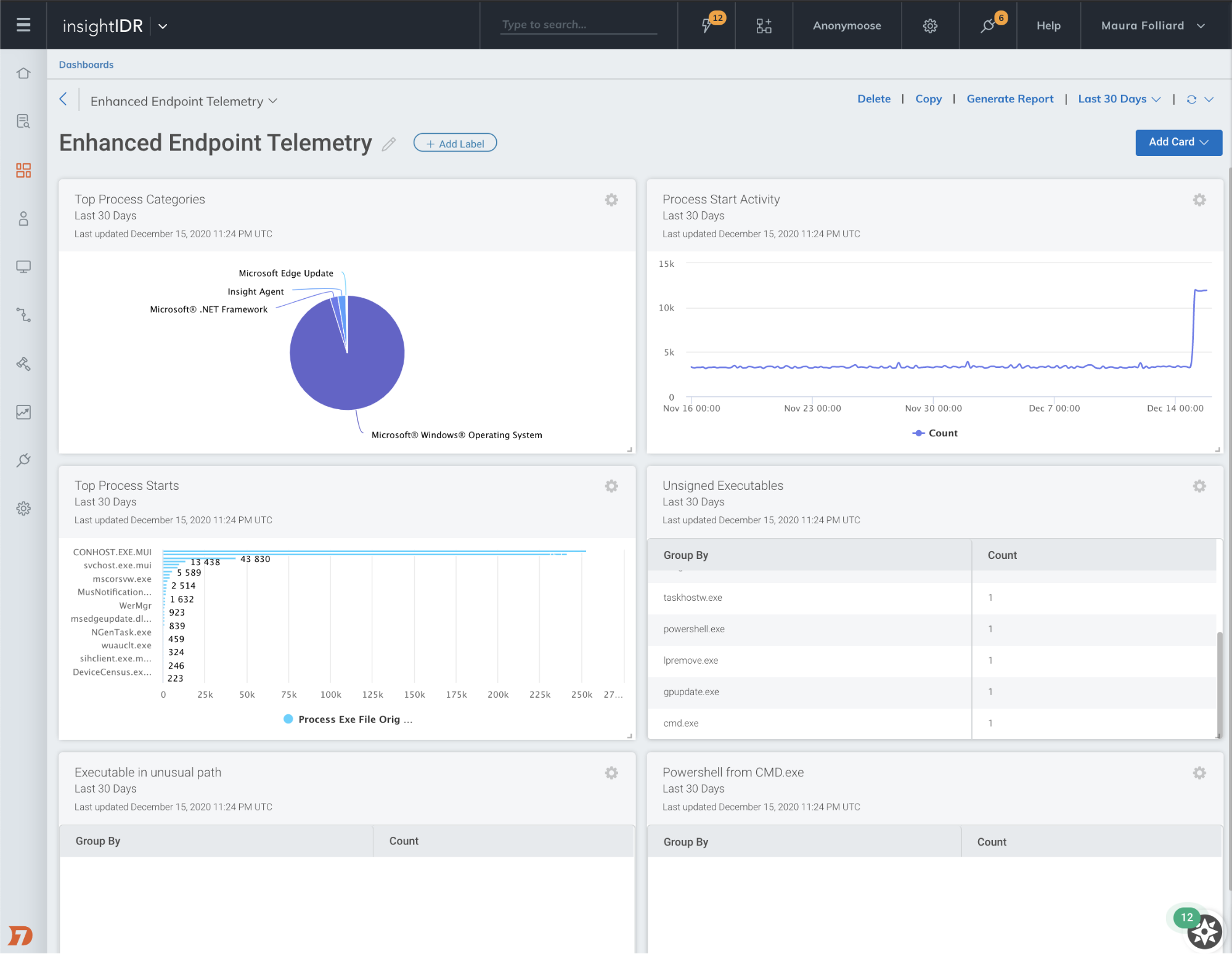 A look at an Enhanced Endpoint Telemetry (EET) dashboard card in Rapid7 InsightIDR.